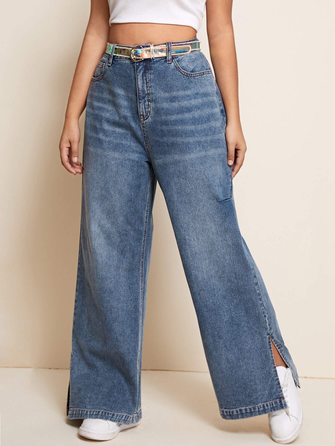 Plus Slant Pocket Split Hem Jeans Without Belt thumbnail