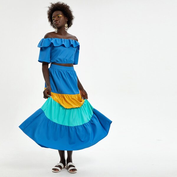 

Color-block Ruffle Hem Maxi Skirt, Multicolor