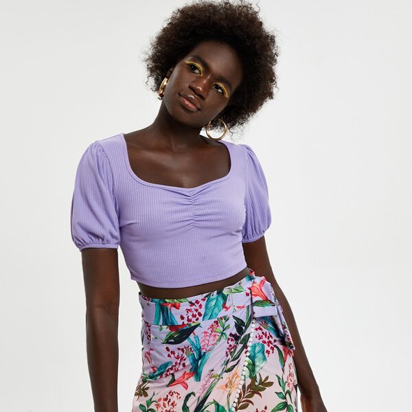

Ruched Front Rib-knit Crop Tee, Lilac purple