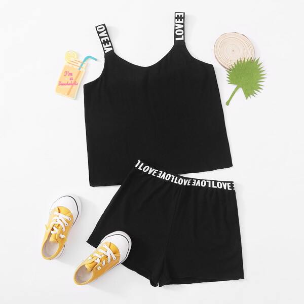 

Girls Letter Tape Strap Rib-knit Cami Top & Shorts PJ Set, Black
