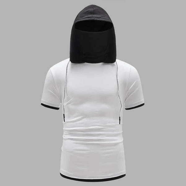 

Men Mask Turtleneck Contrast Drawstring Hooded Top, White