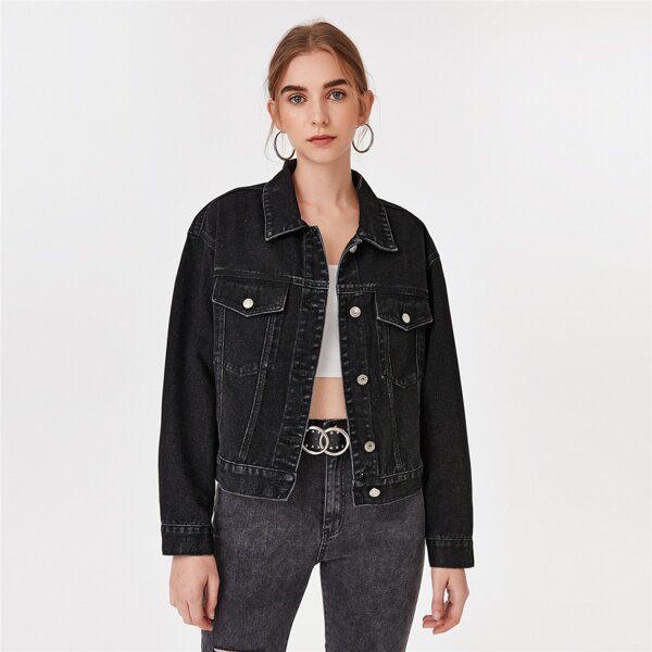 

Button Front Flap Pocket Denim Jacket, Black