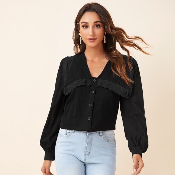 

Lantern Sleeve Schiffy Ruffle Detail Blouse, Black