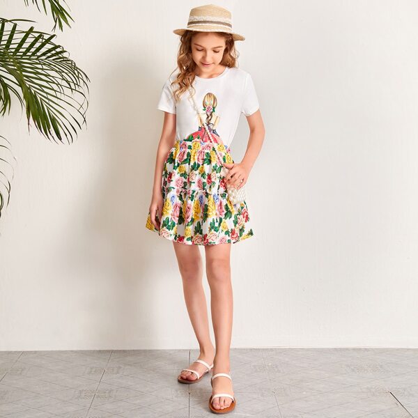

Girls Figure Graphic Top & Flounce Hem Skirt Set, Multicolor