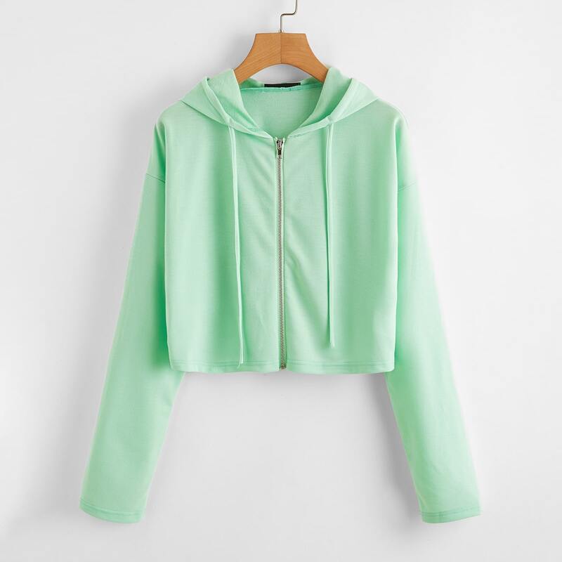 

Zip Up Drop Shoulder Drawstring Hoodie, Mint green
