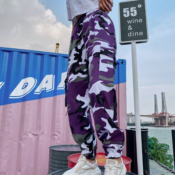 

Camo Print Elastic Waist Cargo Pants, Multicolor