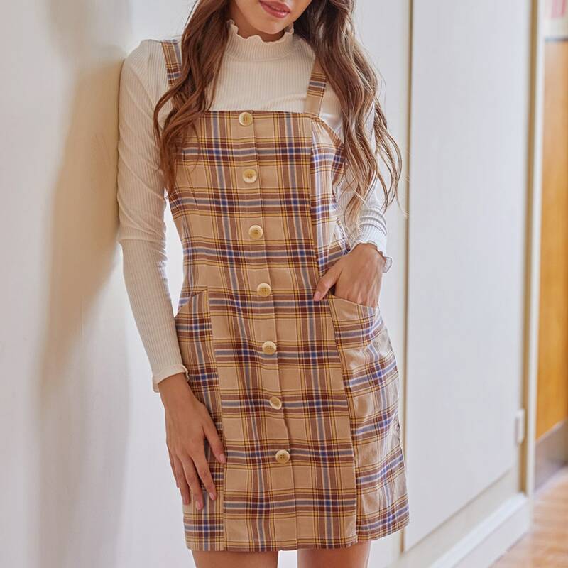 

Plaid Button Front Overall Dress, Multicolor