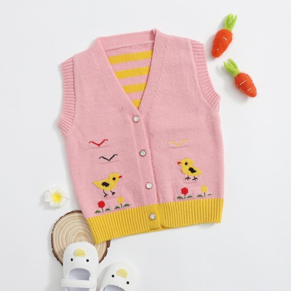 

Toddler Girls Cartoon Graphic Button Front Sweater Vest, Baby pink