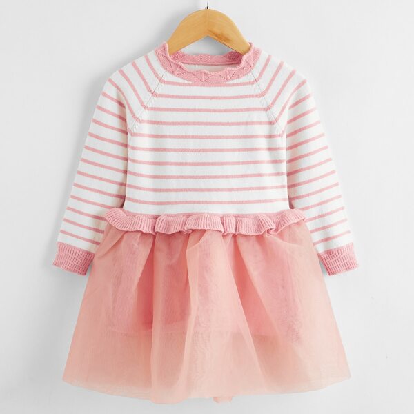 

Toddler Girls Striped Bodice Contrast Mesh Dress, Multicolor