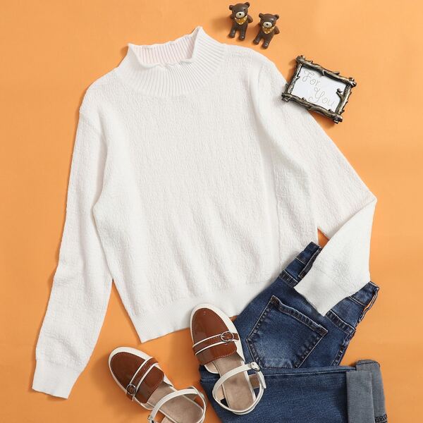 

Girls Solid Stand Collar Sweater, White