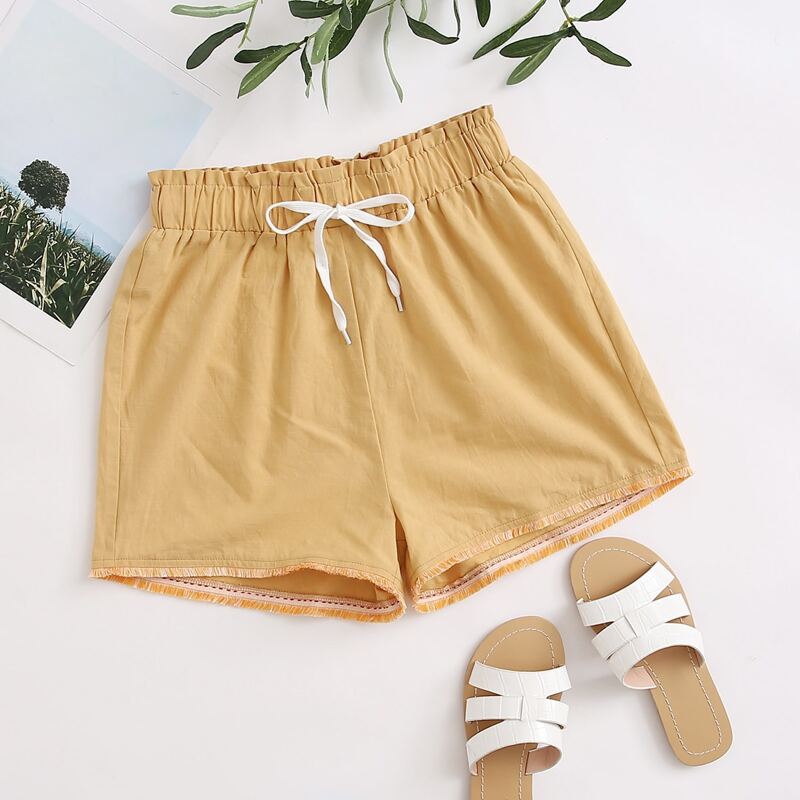 

Raw Hem Drawstring Waist Shorts, Yellow