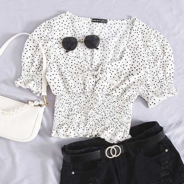 

Tie Front Frill Trim Shirred Polka Dot Top, White