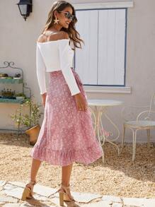 Breezaya 荷葉邊圍裹側繫帶花卉圖案半身裙 - 藕粉色 - 查看 2