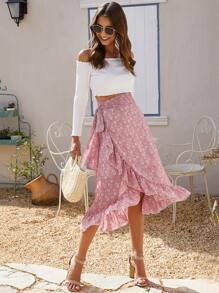 Breezaya 荷葉邊圍裹側繫帶花卉圖案半身裙 - 藕粉色 - 查看 4