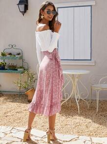 Breezaya 荷葉邊圍裹側繫帶花卉圖案半身裙 - 藕粉色 - 查看 5