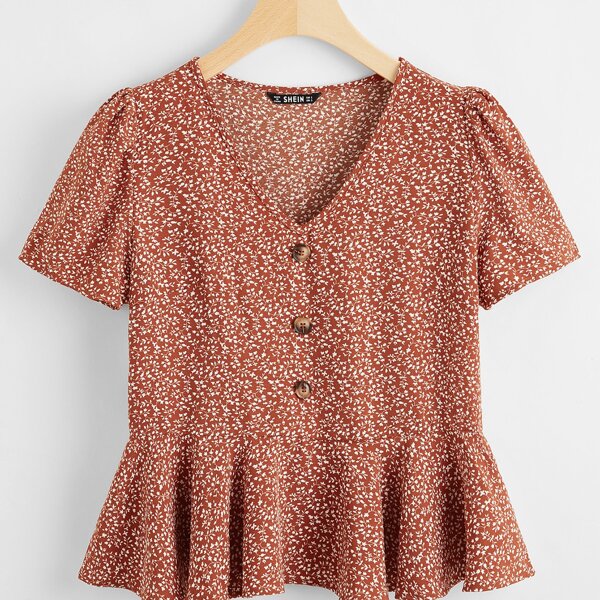 

Plus Button Front Ditsy Floral Peplum Top, Redwood
