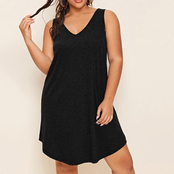

Plus V-neck Curved Hem Tank Dress, Black