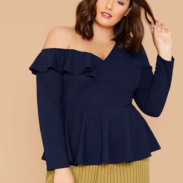

Plus Asymmetrical Neck Ruffle Trim Top, Navy blue