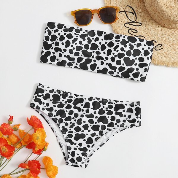

Cow Print Bandeau Bikini Swimsuit, Black and white