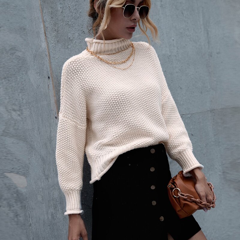

Solid High Neck Knit Sweater, Beige