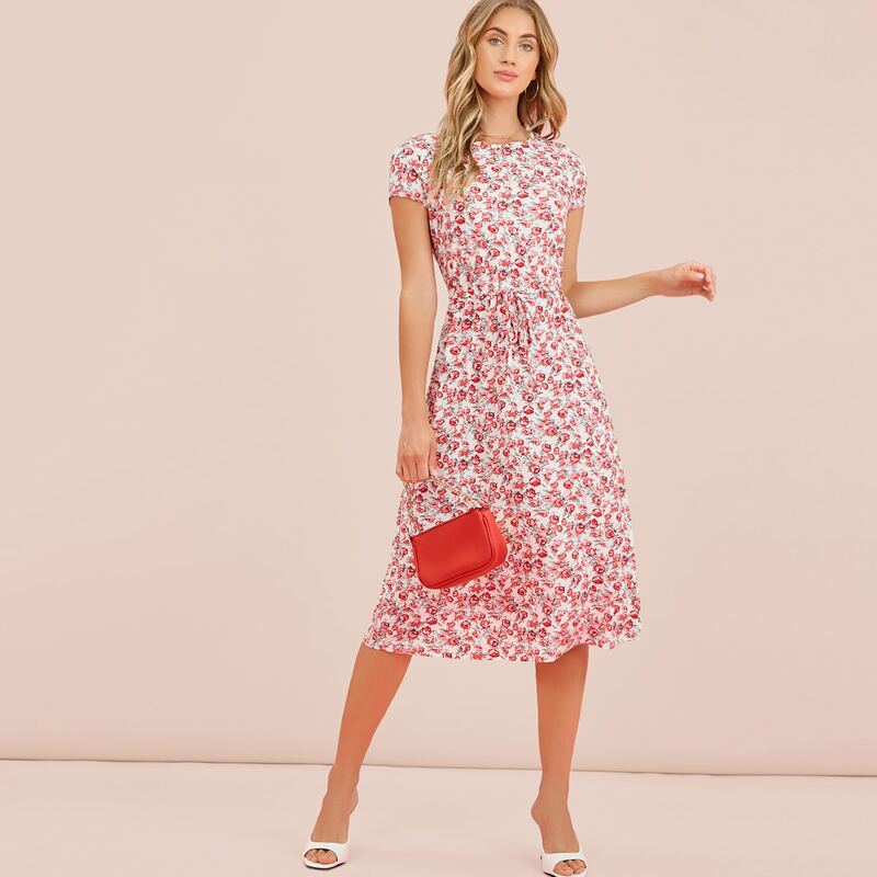 

Cap Sleeve Ditsy Floral Belted Dress, Red and white