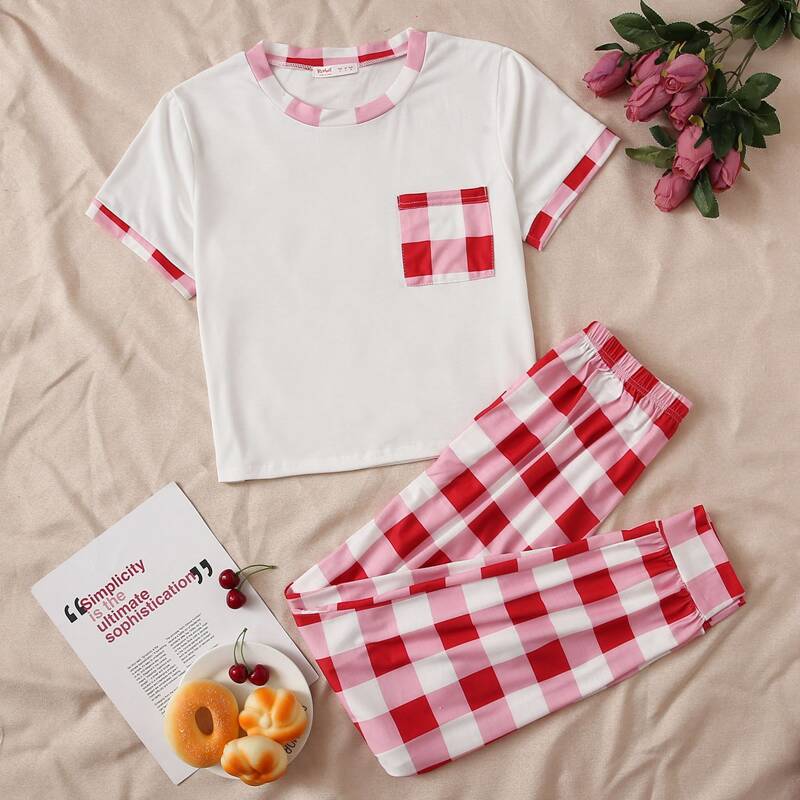 

Gingham Ringer Tee & Pants PJ Set, Red and white