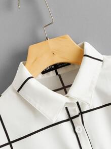 SHEIN LUNE Cuffed Batwing Sleeve Grid Shirt - White - View 3