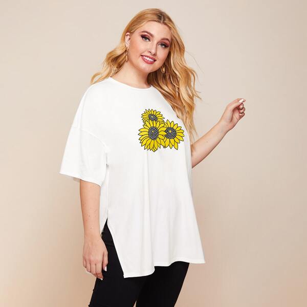 

Plus Drop Shoulder Sunflower Print Split Side Tee, White