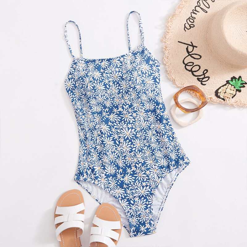 

Daisy Floral Cami One Piece Swimsuit, Blue and white