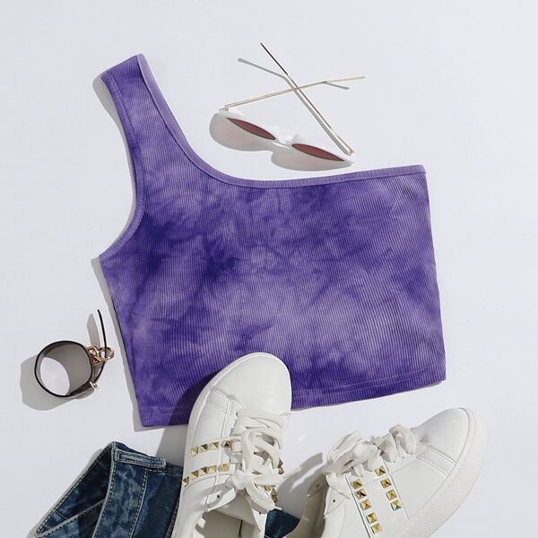 

One Shoulder Rib-knit Tie Dye Crop Top, Violet purple