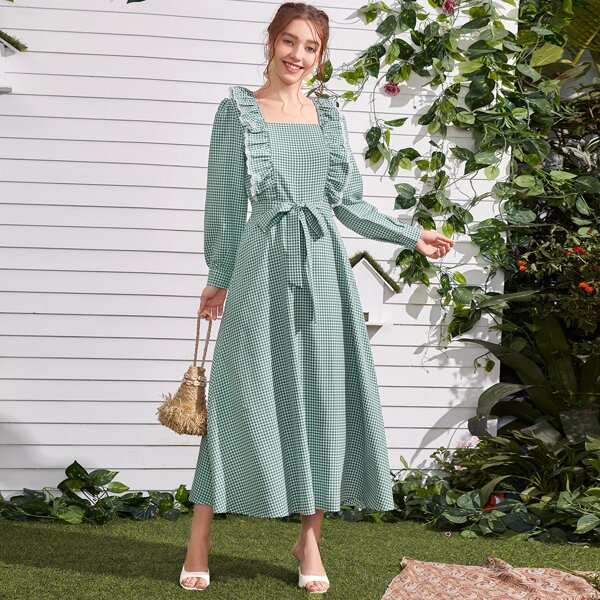 

Gingham Ruffle Trim Belted Dress, Green