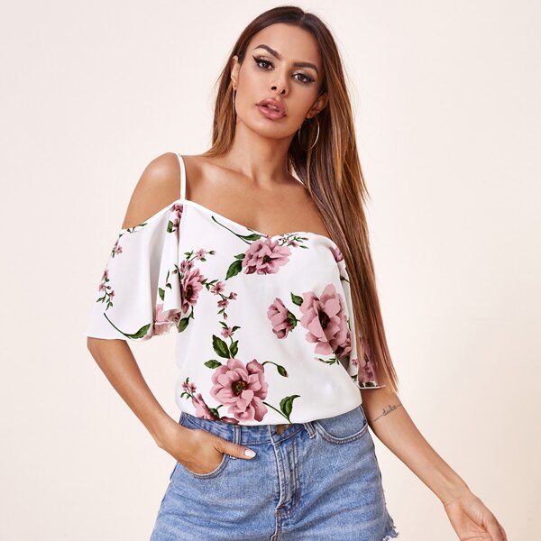 

Cold Shoulder Flounce Sleeve Floral Top, White