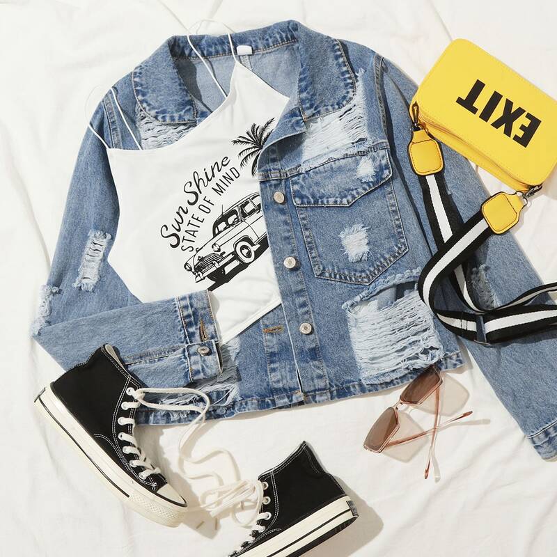 

Flap Pocket Ripped Denim Jacket, Medium wash