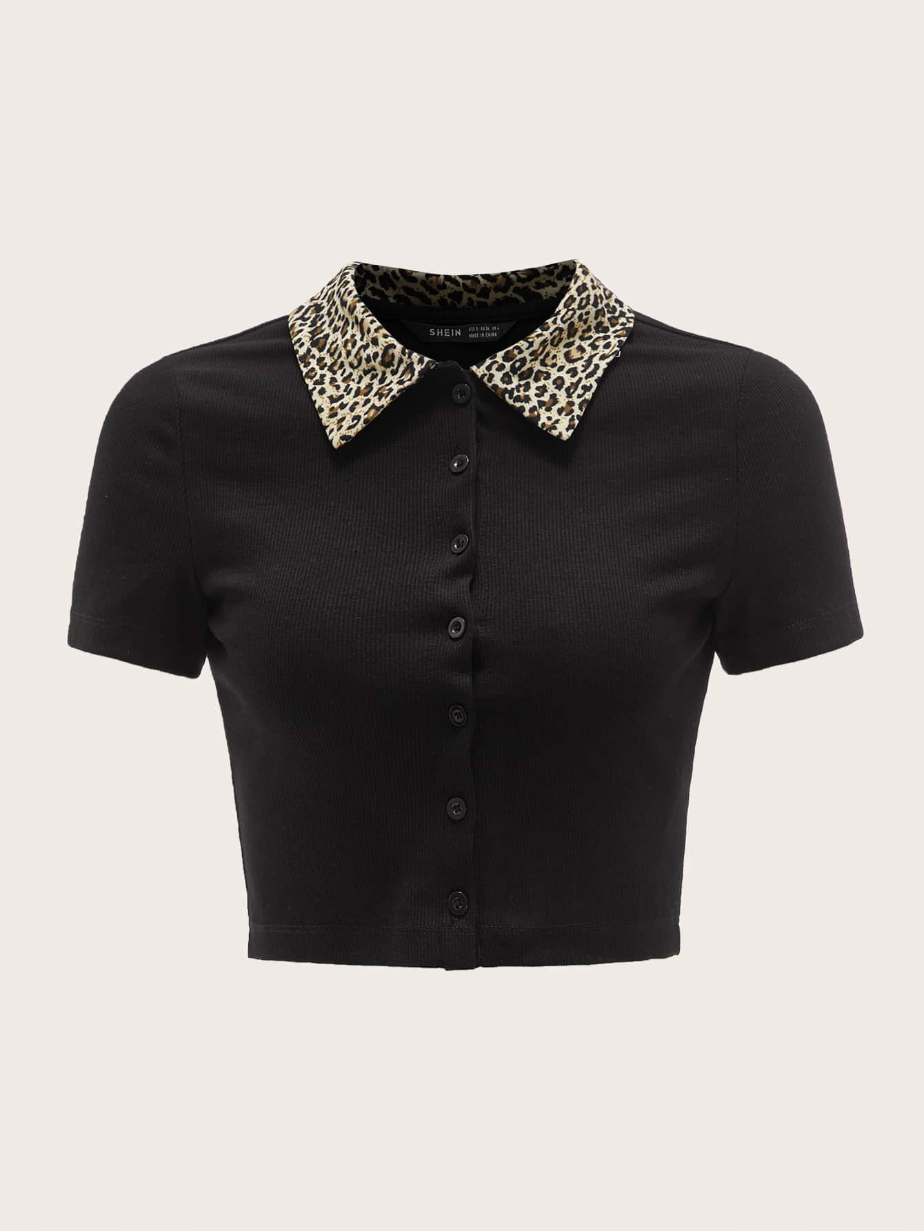 SHEIN LUNE Leopard Collared Buttoned Front Crop Top - Black - View 1