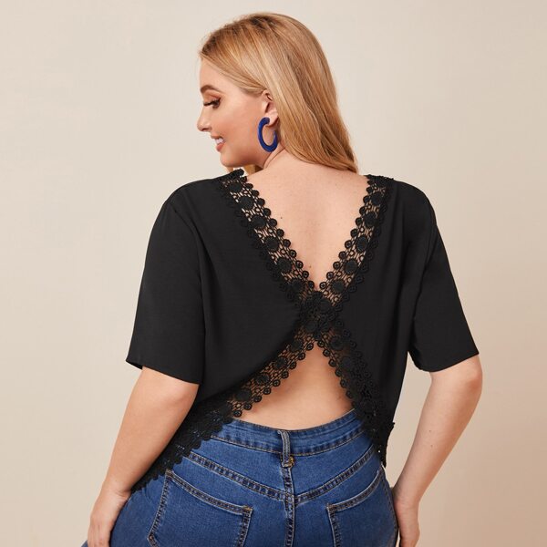 

Plus Lace Panel Crisscross Back Blouse, Black