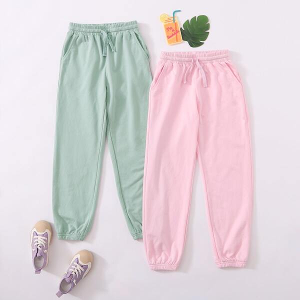 

Girls 2 Pack Drawstring Waist Solid Sweatpants, Multicolor