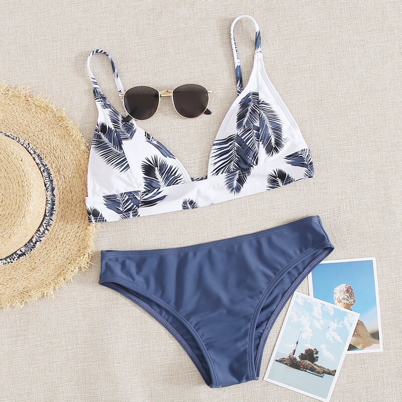 

Tropical Triangle Bikini Swimsuit, Blue and white