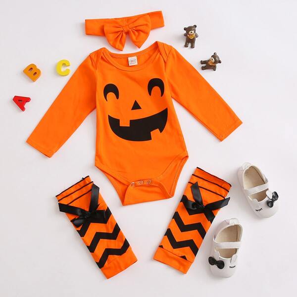 

Baby Boy Cartoon Graphic Bodysuit & Leg Sleeve & Headband, Orange bright