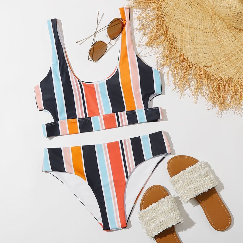 

Stripe Cut-out Tank Bikini Swimsuit, Multicolor
