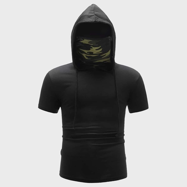 

Men Short Sleeve Hooded Tee With Camo Neck Gaiter, Black