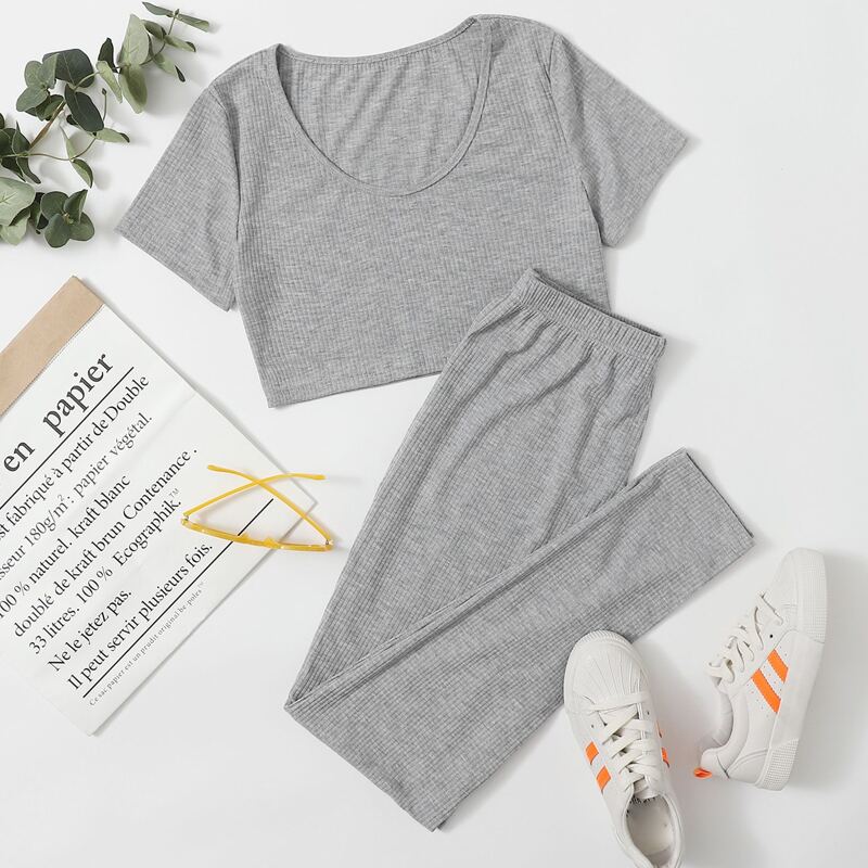 

Ribbed Crop Tee & Pants, Light grey
