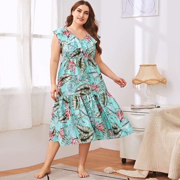 

Plus Tropical Print Ruffle Hem Nightdress, Mint blue