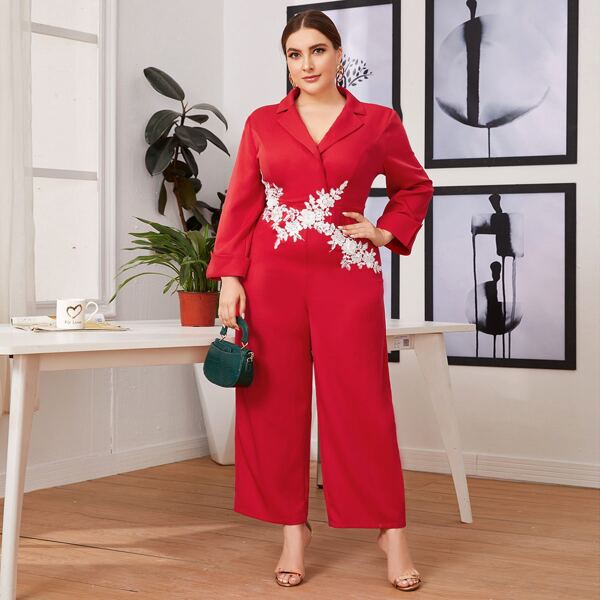 

Plus Floral Applique Rolled Cuff Wide Leg Shirt Jumpsuit, Bright red