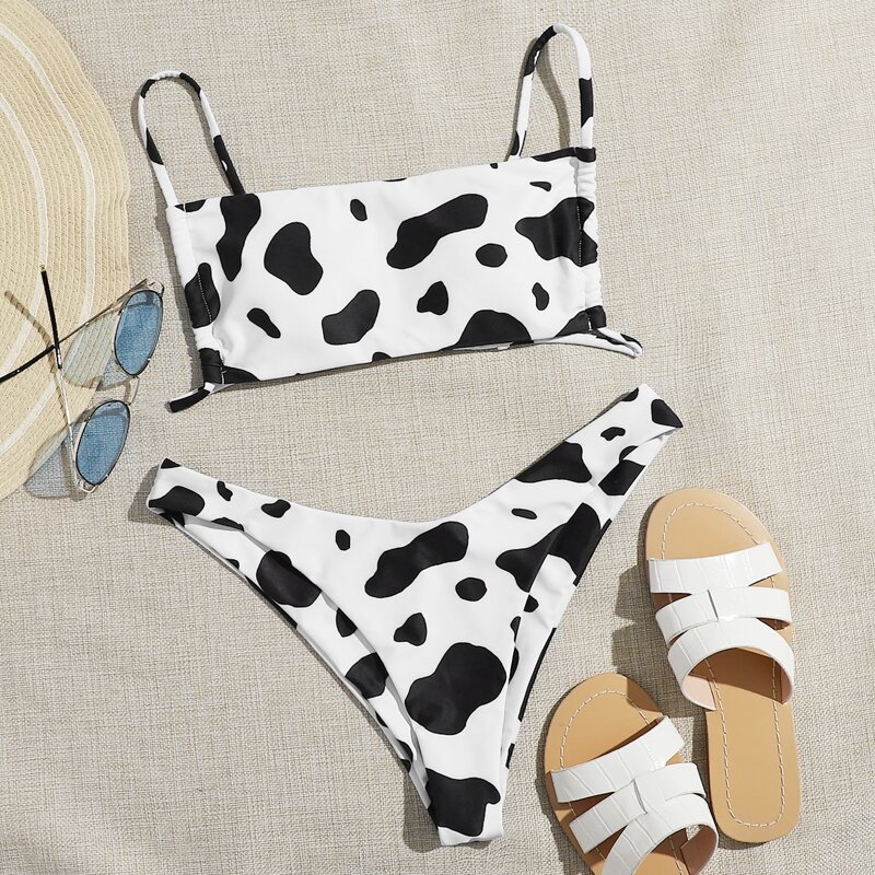

Cow Print High Cut Bikini Swimsuit, Black and white