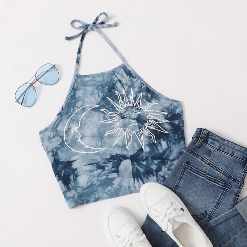 

Sun & Moon Graphic Tie Dye Halter Top, Multicolor