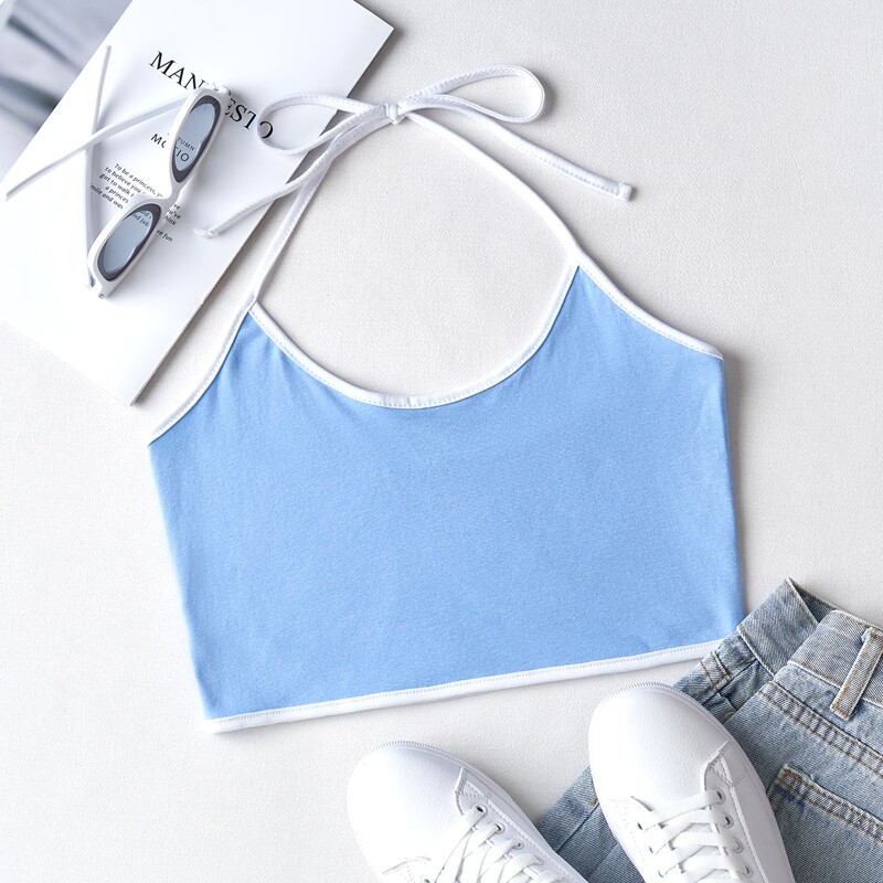 

Contrast Binding Crop Halter Top, Baby blue