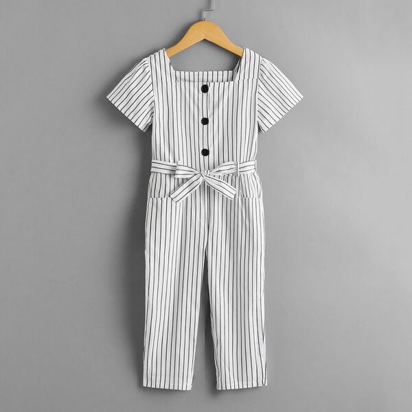 

Toddler Girls Striped Button Front Belted Jumpsuit, White