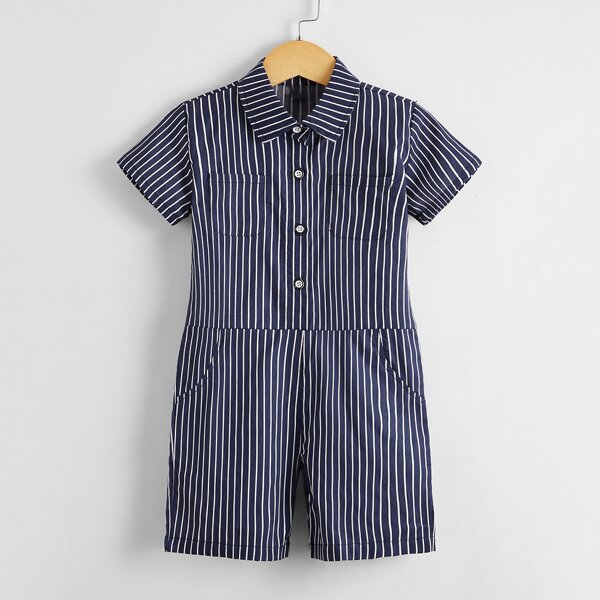 

Toddler Boys Striped Shirt Romper, Navy blue