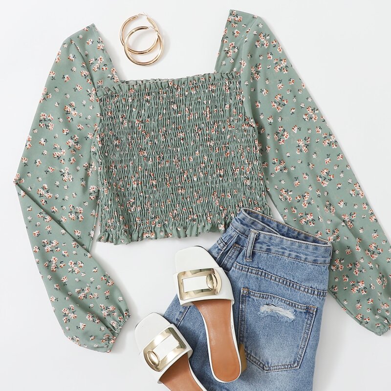 

Ditsy Floral Shirred Top, Mint green