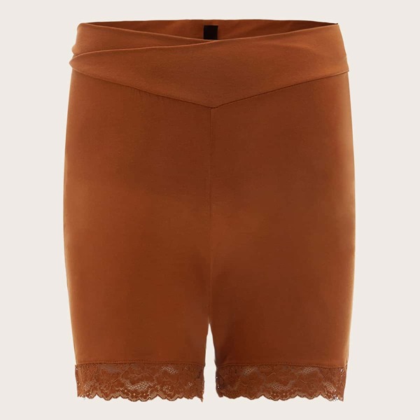 

Maternity Overlap Waist Lace Hem Legging Shorts, Brown